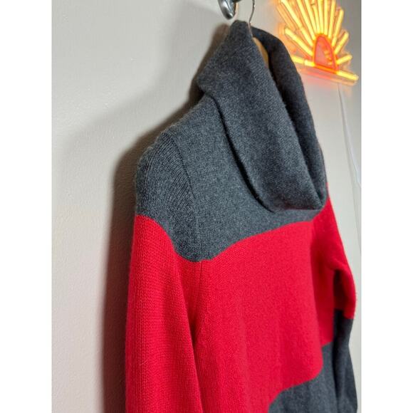 Athleta 100% Cashmere Tunic Red Gray Strip Sweater Cowl Turtleneck Sweater M - Picture 2 of 11